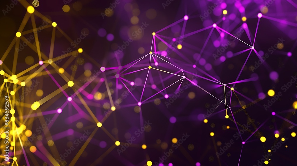 Fototapeta premium Abstract technology background featuring purple and yellow dot connections forming a detailed plexus pattern