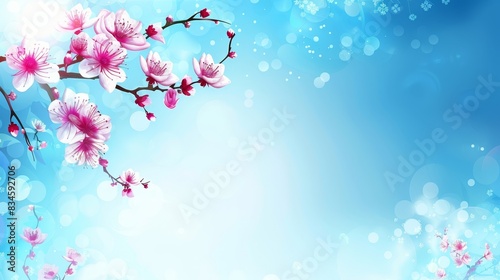  A branch painted with pink flowers against a blue backdrop  featuring bokeh of light bubbles and bubble-dotted background  allowing for text ornament insertion