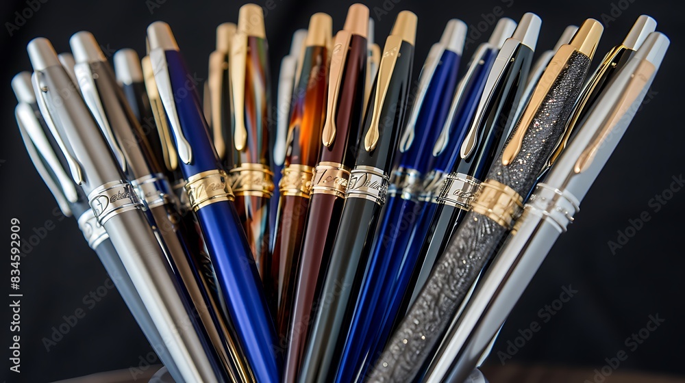 A collection of personalized ballpoint pens with names or messages engraved on them, presented in an elegant and thoughtful arrangement, perfect for showcasing the special touch that personalized A collection of personalized ballpoint pens with names or messages engraved on them, presented in an elegant and thoughtful arrangement, perfect for showcasing the special touch that personalized