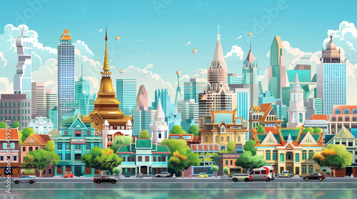 childrens illustration cartoon style cityscape of Thailand.