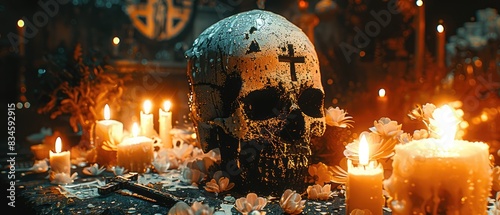 Satanic Ritual Altar: Close-up of Black Dagger, Skull, and Burning Candles with Dark and Mysterious Symbols and Artifacts for Occult Ceremony Photography