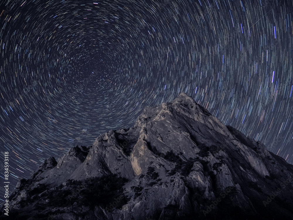 Rock under scarry sky at night astrophotography
