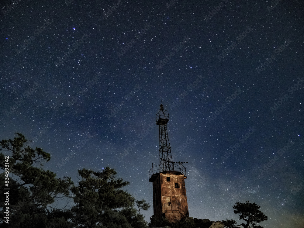 lighthouse under scarry sky at night astrophotography