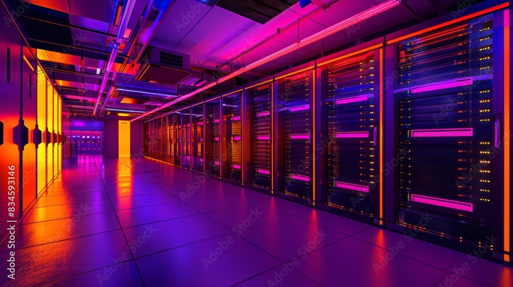 A modern server room showcasing advanced IT infrastructure with glowing firewalls and robust security measures in place A modern server room showcasing advanced IT infrastructure with glowing firewalls and robust security measures in place