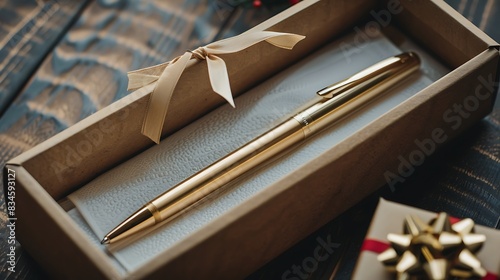 A beautifully wrapped gift box with a luxurious ballpoint pen inside, ready to be given as a thoughtful present, perfect for highlighting the elegance and appeal of gifting quality writing instruments photo