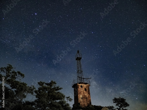 Obraz na płótnie lighthouse under scarry sky at night astrophotography w salonie