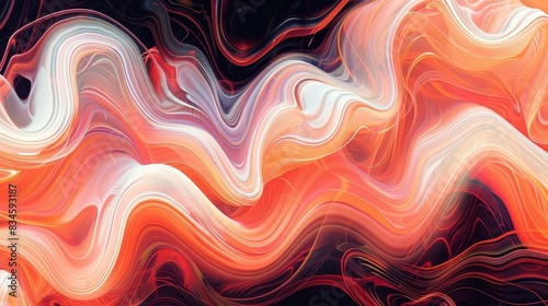 an orange-pink wave over black backdrop  bottom right - white and red striped border