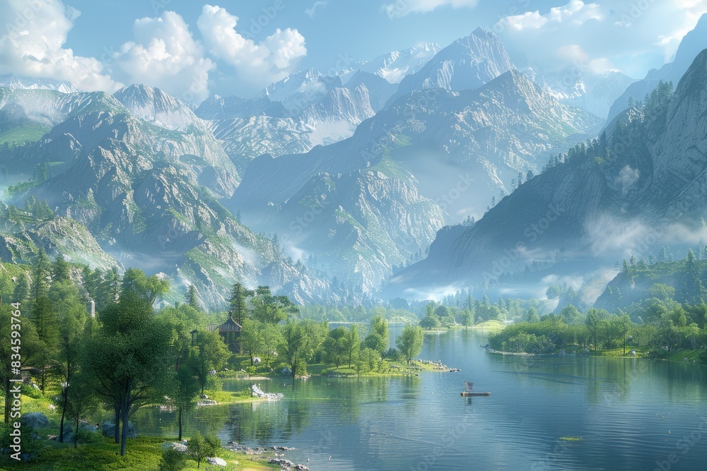 Naklejka premium Captivating depiction of Romantic era landscapes in a 3D render, showcasing picturesque scenes of idyllic countryside, towering mountains, and tranquil rivers, evoking the beauty and grandeur of
