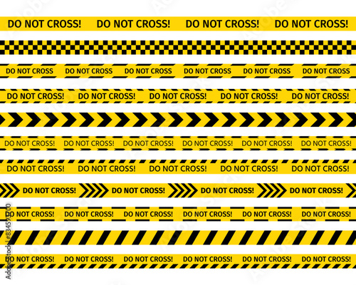Police warning do not cross ribbons. Yellow black tape barrier. Set of caution crime scene tapes for criminal accident places. Seamless striped boundary lines. Vector illustration. © Iryna