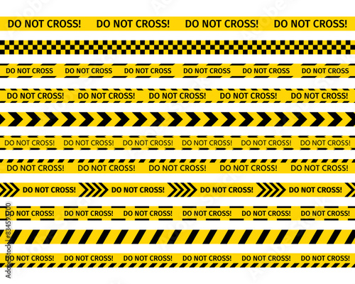 Police warning do not cross ribbons. Yellow black tape barrier. Set of caution crime scene tapes for criminal accident places. Seamless striped boundary lines. Vector illustration.