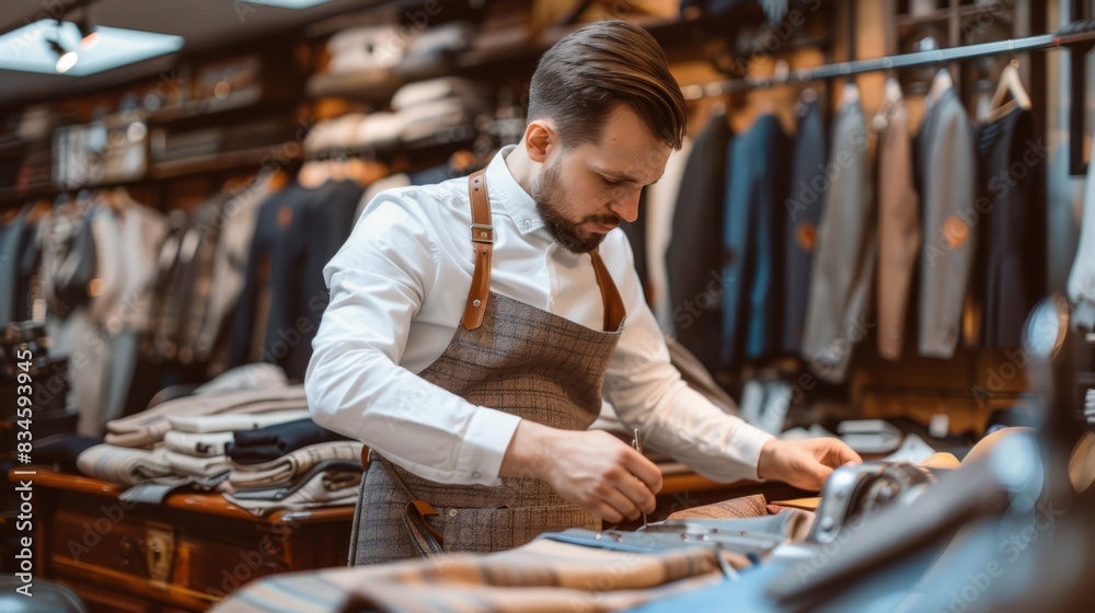 A man in an apron works at a store's cloth table, surrounded by a wall rack of shirts and ties A man in an apron works at a store's cloth table, surrounded by a wall rack of shirts and ties