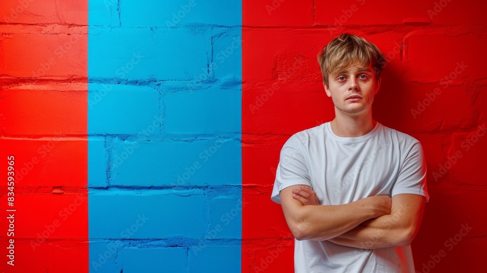 A young man stands before a red-blue-red wall, arms crossed over his chest A young man stands before a red-blue-red wall, arms crossed over his chest