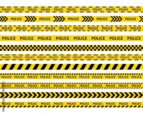 Police yellow tapes. Seamless striped security ribbons. Set warning tapes lines for restriction of criminal accident zones. Barrier borders for crime places on white background. Vector illustration.
