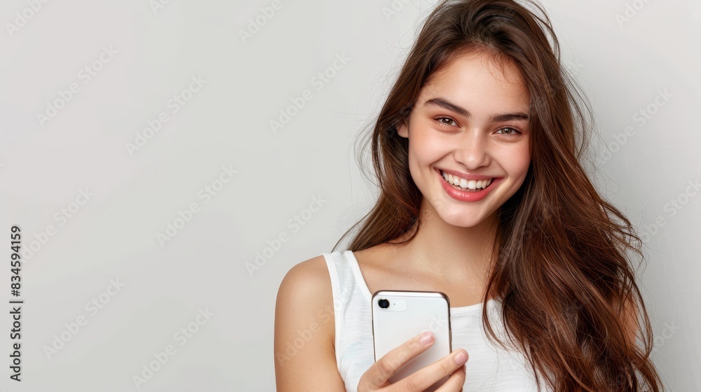 A woman, smiling at the camera with her left hand on her hip, holds a smartphone in her right hand, its other side rested on her left chest A woman, smiling at the camera with her left hand on her hip, holds a smartphone in her right hand, its other side rested on her left chest