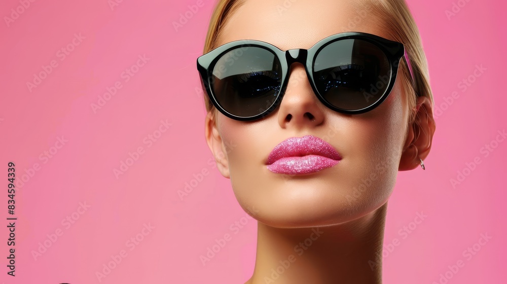 A woman in sunglasses, face-forward, against a pink wall Behind her, a simple pink background She wears pink lipstick and holds sunglasses A woman in sunglasses, face-forward, against a pink wall Behind her, a simple pink background She wears pink lipstick and holds sunglasses