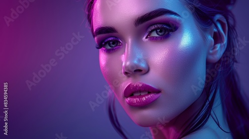  A close-up of a woman s face with blue and pink lights illuminating it  her hair pulled back into a single ponytail