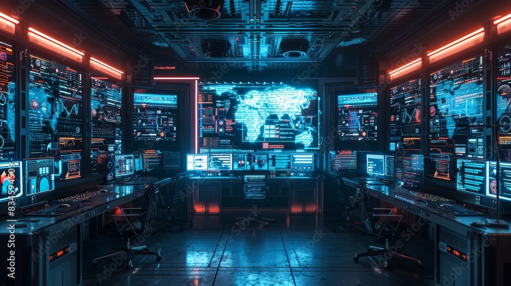 A modern control room filled with advanced technology monitors displaying encrypted data streams and security protocols A modern control room filled with advanced technology monitors displaying encrypted data streams and security protocols
