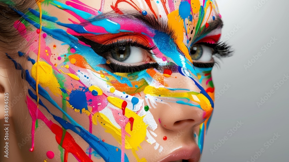  A tight shot of a woman's face, adorned with colorful paint and vividly lined eyes
