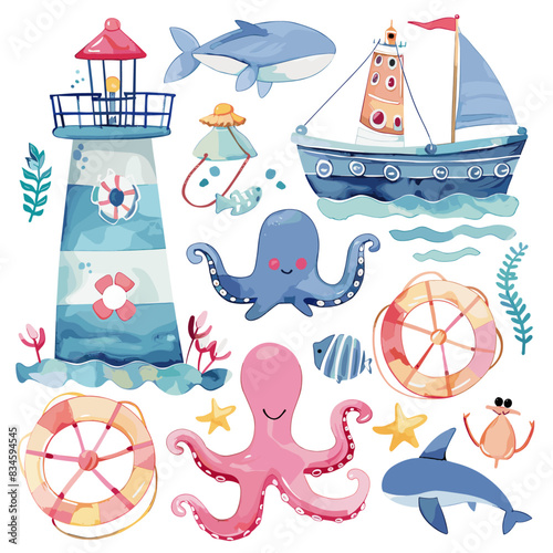 Illustration of cute marine elements, octopus and lighthouse with boat in the style of watercolor