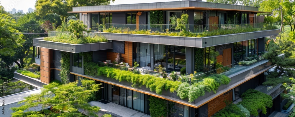 A modern building with a green rooftop garden and advanced ecofriendly tech innovations for sustainable living A modern building with a green rooftop garden and advanced ecofriendly tech innovations for sustainable living