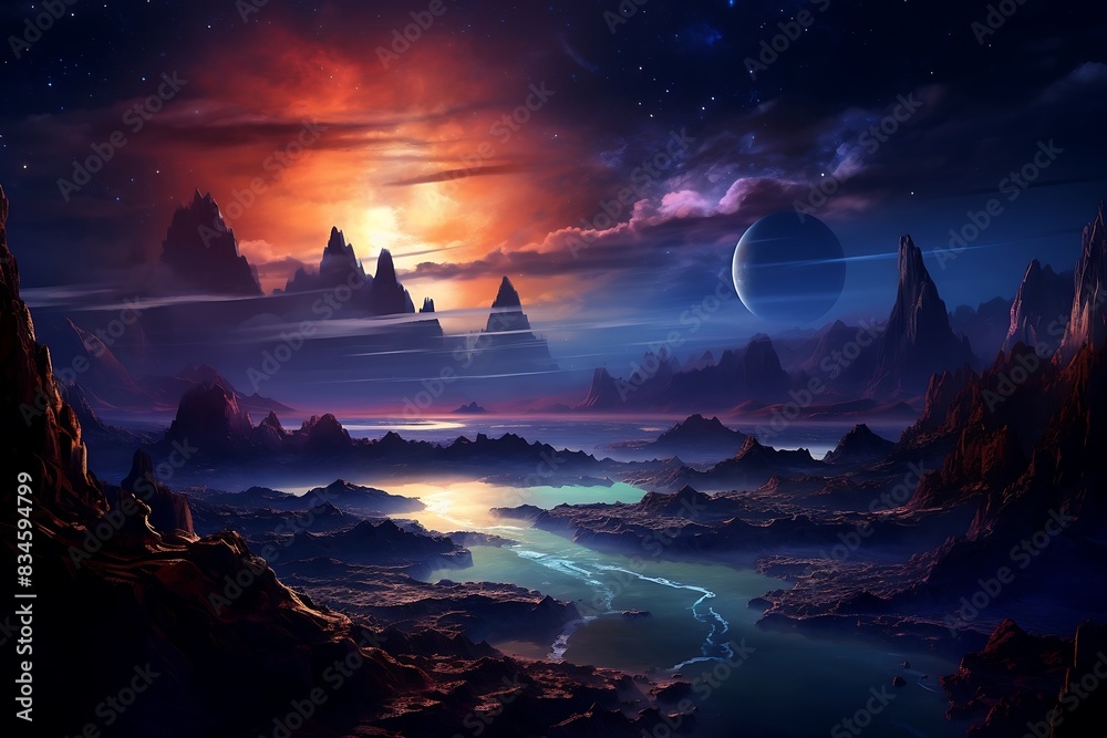 A landscape with mountains and water, starry sky, Pangea landscape