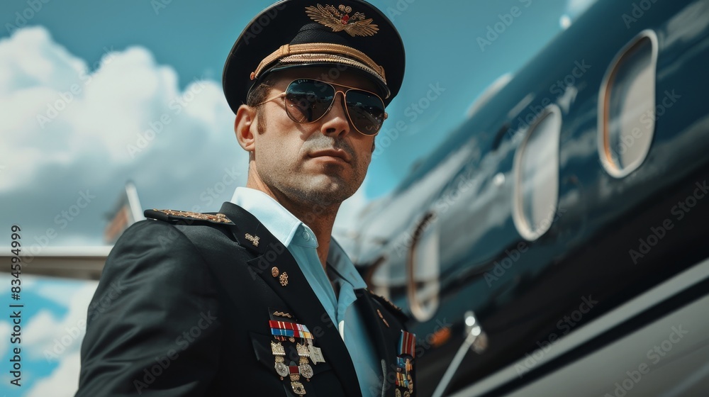 A confident pilot in uniform and sunglasses poses in front of a private jet on a sunny day with a blue sky. A confident pilot in uniform and sunglasses poses in front of a private jet on a sunny day with a blue sky.