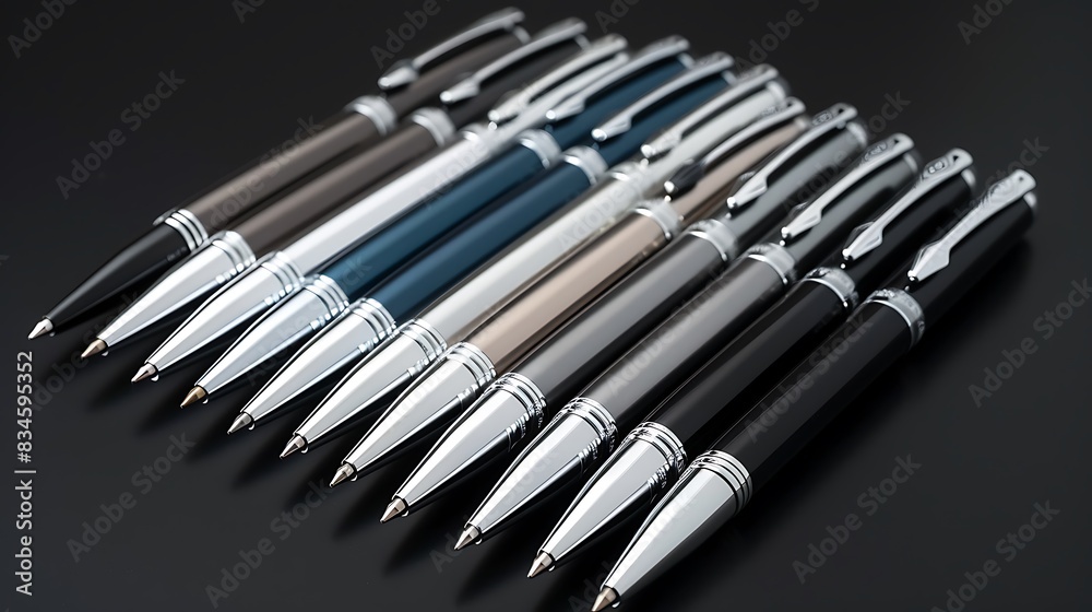 A set of ballpoint pens with metallic finishes arranged in a visually striking pattern, highlighting the elegance and sophistication of premium pen designs A set of ballpoint pens with metallic finishes arranged in a visually striking pattern, highlighting the elegance and sophistication of premium pen designs