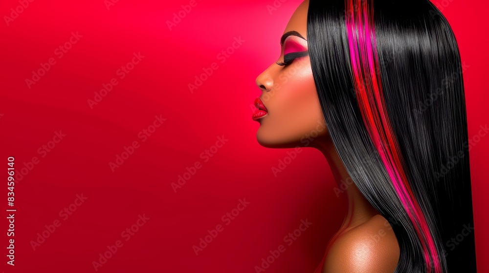 A woman with long black hair adorned with pink streaks stands before a red backdrop, against a red wall A woman with long black hair adorned with pink streaks stands before a red backdrop, against a red wall