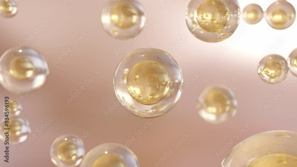 3D animation Cosmetics many atoms floating in the water. Particles inside a liquid bubble, cosmetic essence, and a liquid bubble on a background of water.