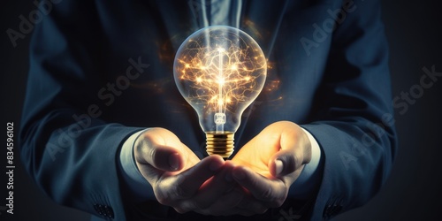 Businessman holding light bulb and brain inside, Idea and imagination, Creative and inspiration, Science innovation with network connection, Innovative technology