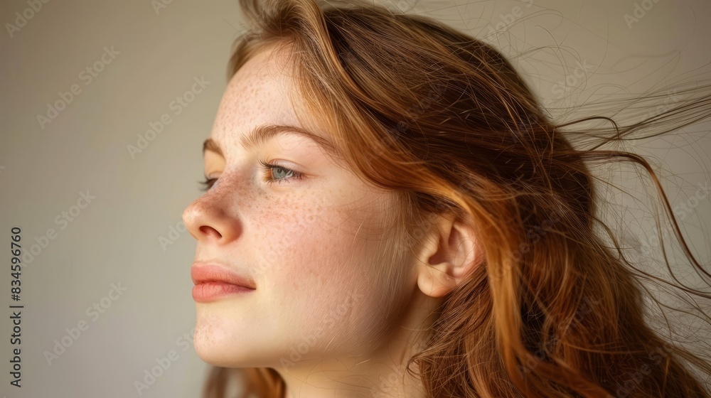 A close-up of a woman's face with freckles scattered across her skin and hair, some blown gently by the wind A close-up of a woman's face with freckles scattered across her skin and hair, some blown gently by the wind
