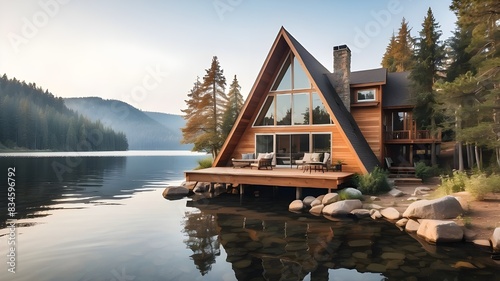 A-frame lake house , aframe cabin isolated on a small lake island photo