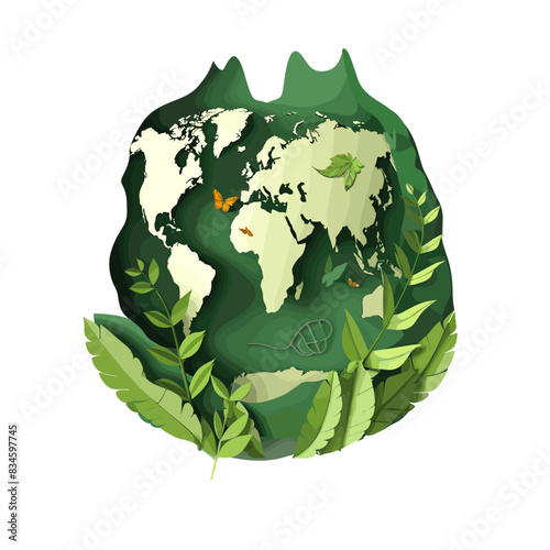 A paper cutout logo of the earth with green leaves and a global map