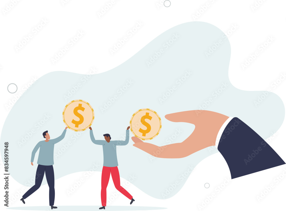 exhausted businessman salary man get dollar coin and pay it for creditor debt.flat vector illustration. exhausted businessman salary man get dollar coin and pay it for creditor debt.flat vector illustration.