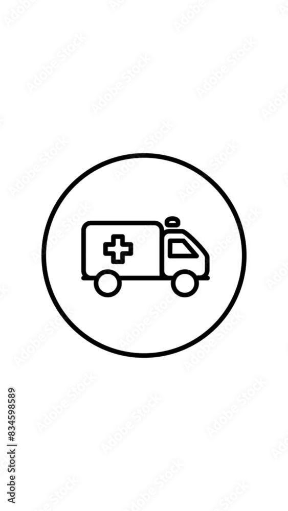Ambulance in circle line icon, vertical video, black outline, self drawing, black and white, for web use for emergency, care, emergency, hospital Ambulance in circle line icon, vertical video, black outline, self drawing, black and white, for web use for emergency, care, emergency, hospital