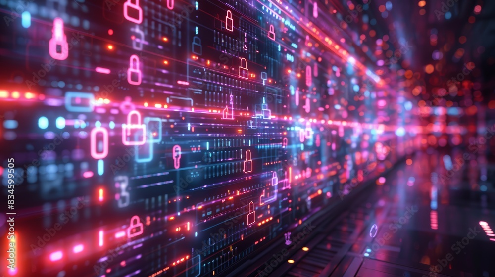 A futuristic scene of encrypted data flows, showcasing advanced tech security and hacking prevention measures