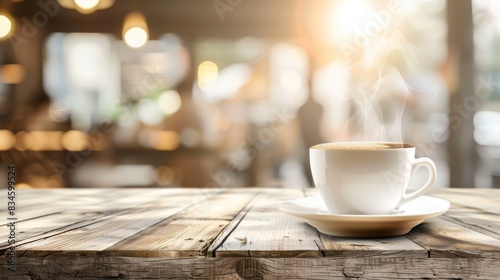 A cozy coffee shop scene with a steaming cup of coffee on a wooden table  and ample empty space on the table for text.