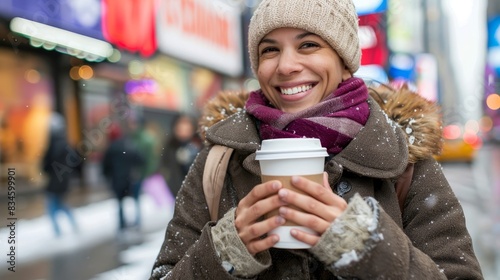  A woman joyfully grins, sipping coffee amidst snow-kissed city street Passersby traverse sidewalks, brick stores backdrop