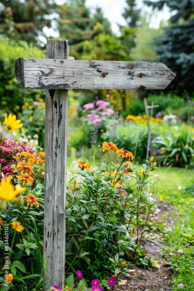 A serene garden with blooming flowers and a blank wooden signpost, ideal for adding text or directions. A serene garden with blooming flowers and a blank wooden signpost, ideal for adding text or directions.