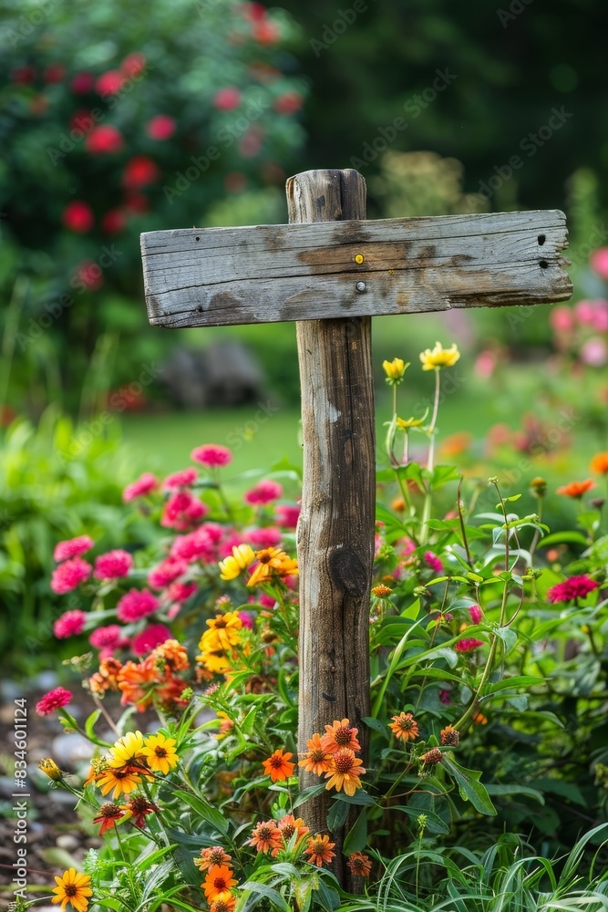 A serene garden with blooming flowers and a blank wooden signpost, ideal for adding text or directions. A serene garden with blooming flowers and a blank wooden signpost, ideal for adding text or directions.