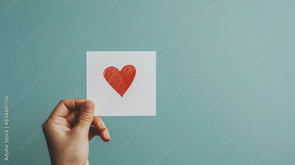 A hand holding a small white card with a red heart drawn on it A hand holding a small white card with a red heart drawn on it