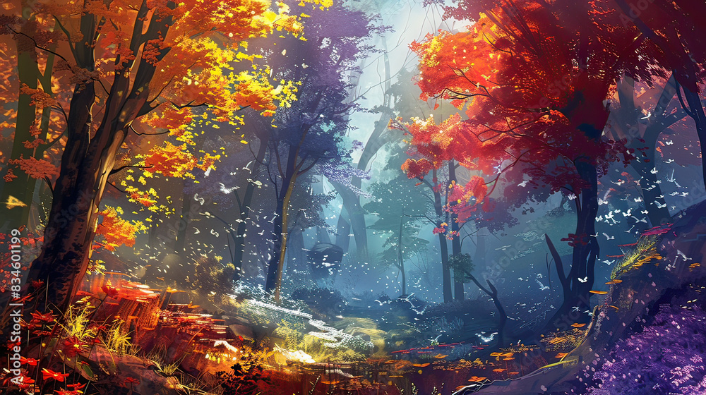 Fototapeta premium Vibrant forest landscape bursting with color and life, AI generative