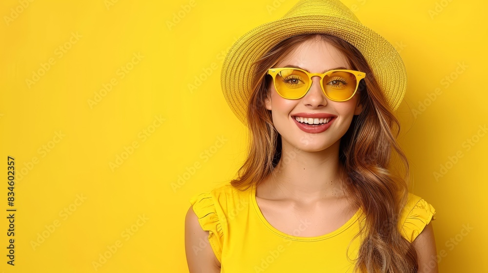  A young woman, wearing a yellow sunhat and sunglasses, smiles at the camera against a yellow backdrop