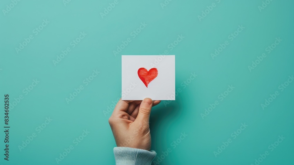 A hand holding a small white card with a red heart drawn on it A hand holding a small white card with a red heart drawn on it