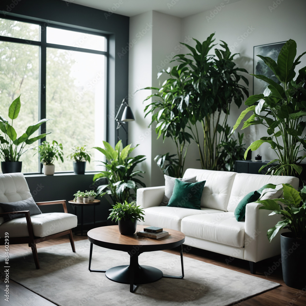 modern living room with a white couch and a lot of green plants modern living room with a white couch and a lot of green plants