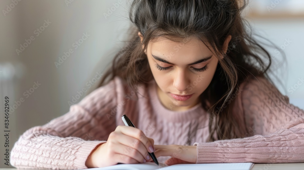 A woman writes at a table, pen in hand, notebook in front A woman writes at a table, pen in hand, notebook in front