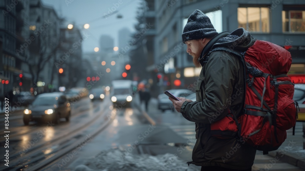 A man, carrying a backpack, checks his cell phone as he walks down a city street, surrounded by cars and buildings, amidst the rain A man, carrying a backpack, checks his cell phone as he walks down a city street, surrounded by cars and buildings, amidst the rain