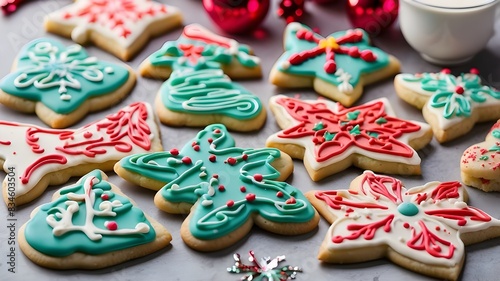 A festive array of holiday-themed sugar cookies, decorated with colorful icing