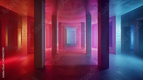  A brightly lit hallway in a building, featuring columns, and ending in a red and blue light