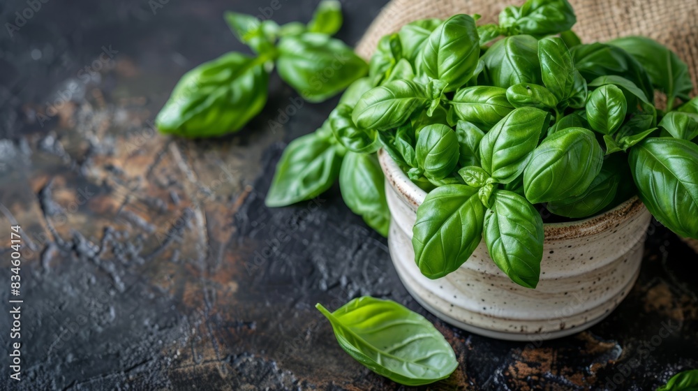A close-up of a potted plant with green leaves on a black table A burlap sack of basil leaves lies beside the pot A close-up of a potted plant with green leaves on a black table A burlap sack of basil leaves lies beside the pot